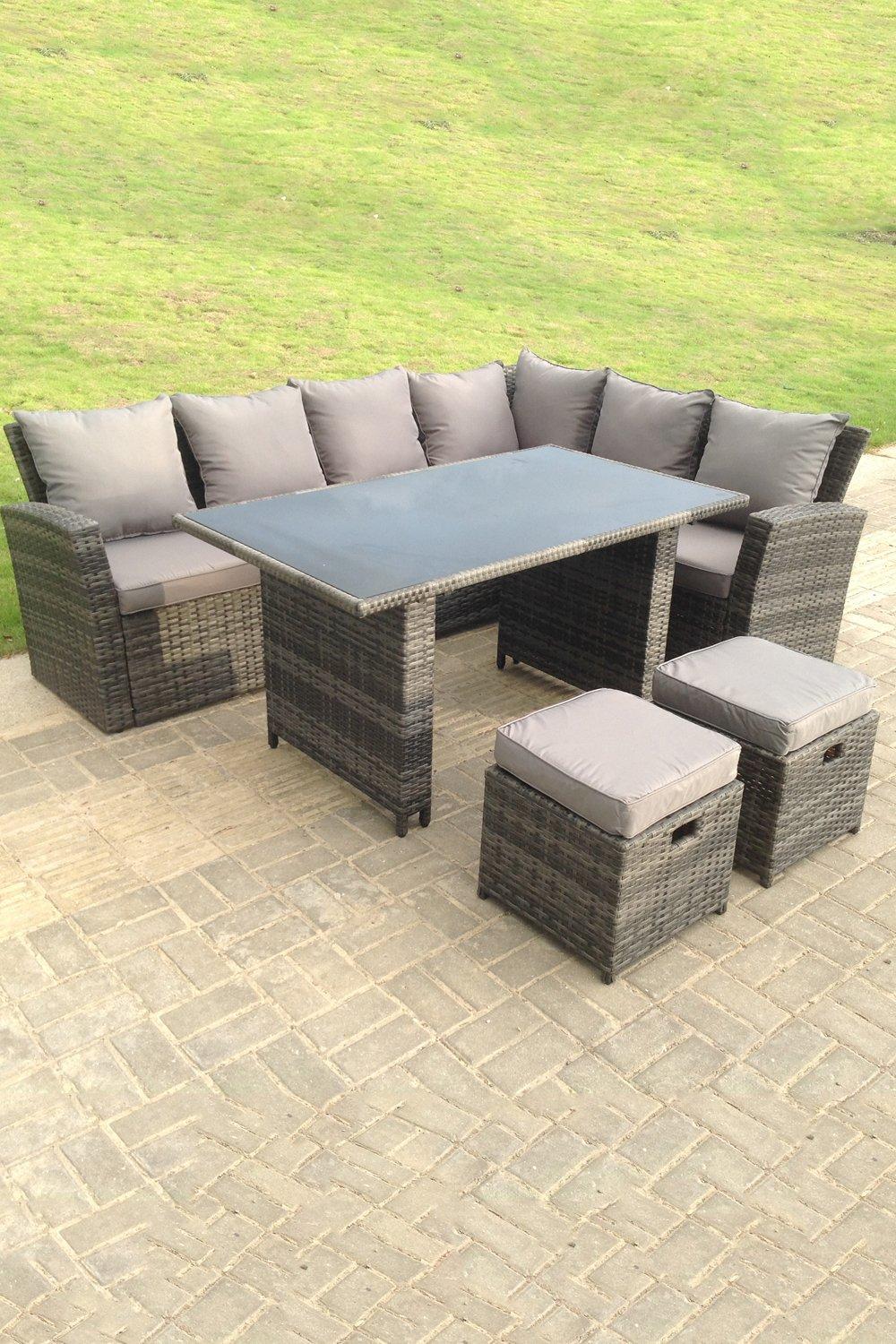 High Back Rattan Corner Sofa Dining Table With Stools 8 Seater right corner